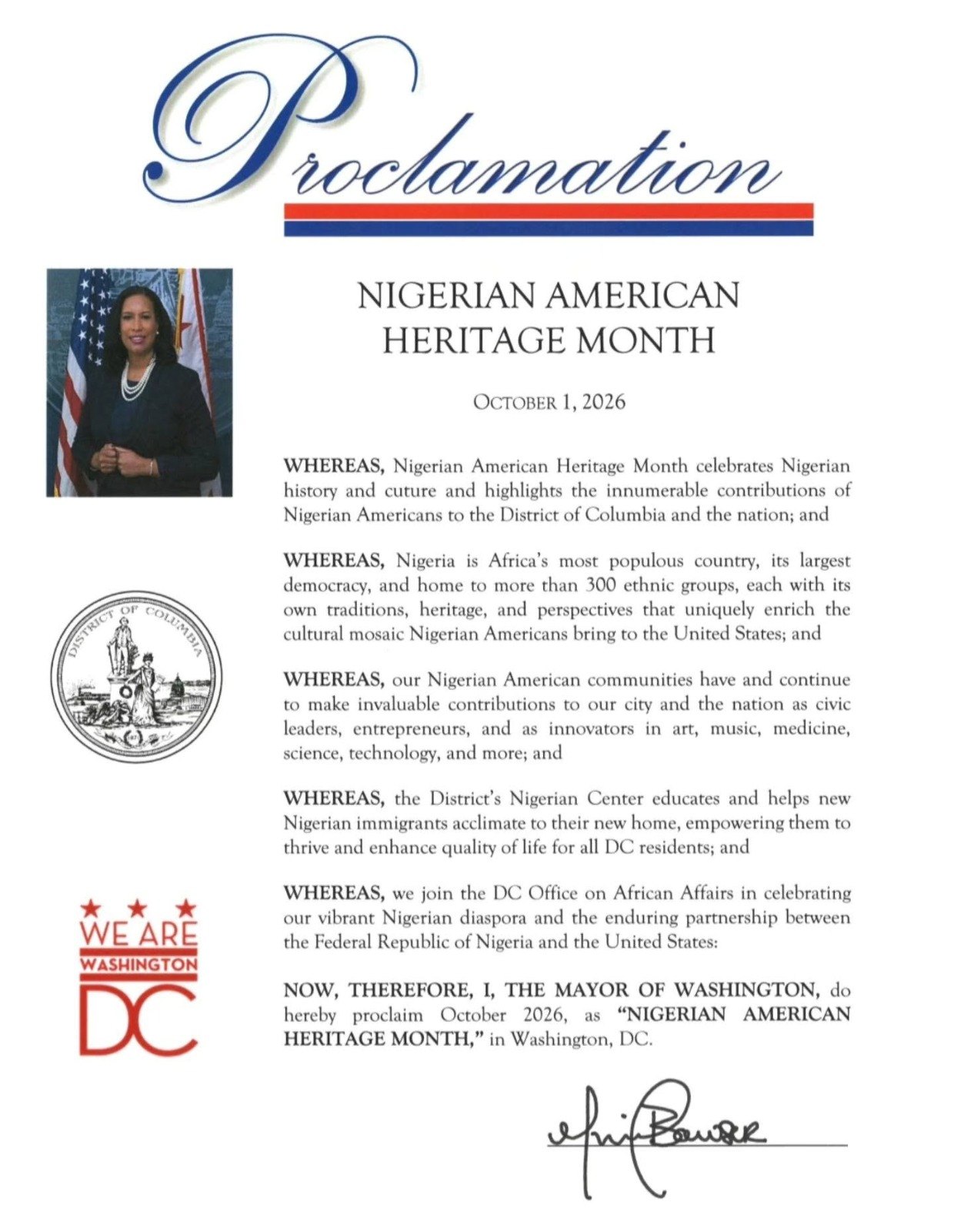 The Official Proclamation of October as Nigerian heritage Month by Mayor Muriel Bowser.